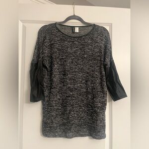 H&M Black and Gray Textured Knit Top with Faux Leather Trim